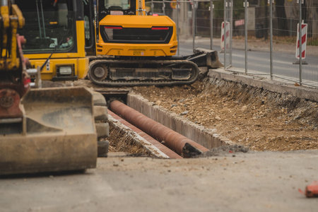 Replacement of pipes or piping under the road surface. Visible pipes under the road bed, surrounded...