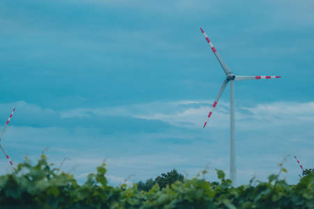 Electric power generator wind turbines on a vast field in Austria close to Vienna on a colorful evening out in the nature.の写真素材