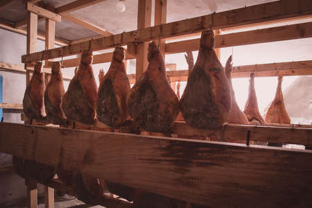 Drying pork legs or prosciutto, preparing legs with salt and leaving them in a dark room to age.の写真素材