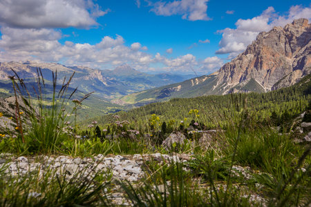High alpine pass in italian dolomites. View from the top towards the valley, with green grass, blue sky, rock mountains and blue sky visible.の写真素材