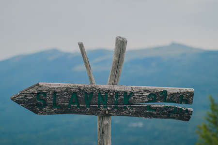 Wooden signboard with writing Slavnik, the name of the hill in Slovenian coastline, with the same hill being visible in the background.の写真素材