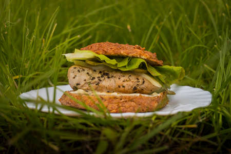 LCHF Low carbohydrate high fat burger or hamburger meal. LCHF burger with non carbohydrate bread made of sesame, eggs, chees, almonds. Concept picture of a LCHF burger in green grass.の写真素材