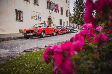 Polhov Gradec, Slovenia, 25.6.2019: A group of old vintage cars, including Datsun 240Z, Opel Manta B, Peugeot 504 and Bmw E21 325 and 2002 tii, on a display in a castle.のeditorial素材