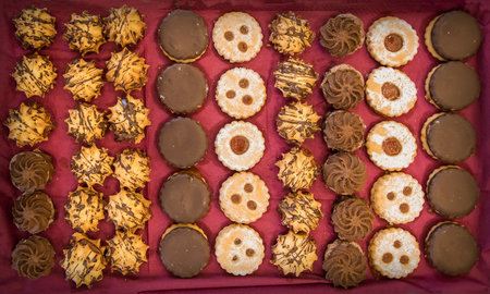 Assortment of different cookies, pastry and biscuits viewed from above, resting on a violet napkin.の写真素材