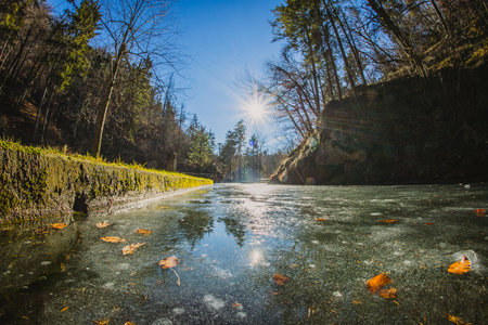 Detail of ice surface on a small lake or pond in nature between winter trees on a sunny day with sun flare and streaks visible on a clear blue sky.の写真素材