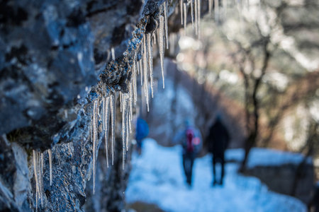 Icicles on a rock formation in the foreground. People hiking in the mountains in the background.の写真素材