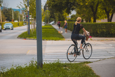 Female commuter cyclist riding over a zebra on a crossing on a suburban road.の写真素材