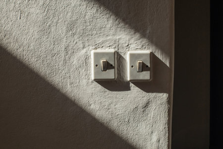 A pair of old style european type electric switches, mounted on a wall under a strong side light. Visible old putty or plaster on the wall.の写真素材