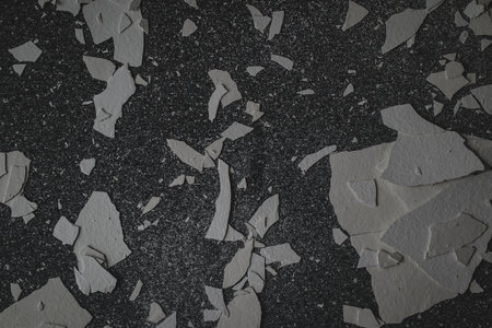 Chipped parts of wall or plaster sitting on the ground. Texture of chipped wall debris on the ground.の写真素材