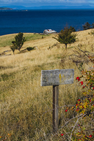 A summer meadow with sea in the background with a wooden signboard in the foreground. Good for no trespassing sign or similar.の写真素材