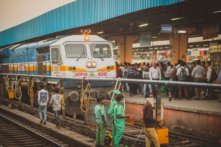 JAIPUR, INDIA, 12. DECEMBER 2016: A train is coming to a halt in Indian station of Jaipur junction...