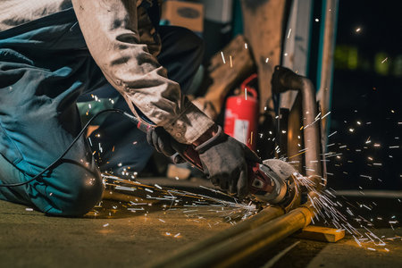 Man cutting an old exhaust or metal pipes with the aid of an angle grinder. Sparks flying around as...