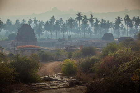 Ancient ruins in Hampi, Karnataka, India. Wiev of a market ruins from a higher viewpoint.の写真素材