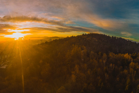 Early morning drone panorama photo of abandoned ski jump tower in Mostec, Ljubljana. Relic of an old ski jumping hill in the Slovenian city.の写真素材