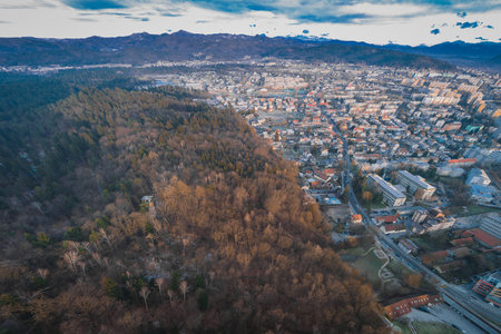 Early morning photo of abandoned ski jump tower in Mostec, Ljubljana. Relic of an old ski jumping hill in the Slovenian city.の写真素材