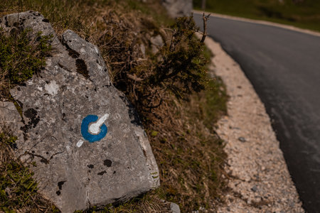 Mountain or touring bicycle marking on a rock denoting a route for bicycles in the nature in sloveniaの写真素材
