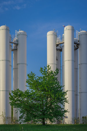 Beautfful green tree in front of an industrial buildings or gas tanks. Concept of contrast between green nature and heavy industry in the background.の写真素材