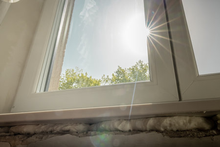 Detail of PU poliurethane expanding foam used for fixing window ledges or marble shelves. Window shelf fixation.の写真素材