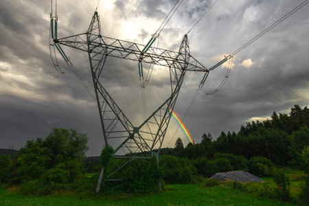 Electrical power voltage pylon or tower standing in the green with magnificent rainbow in behind.の写真素材