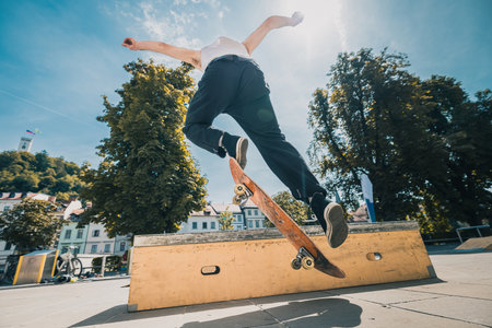 Anonymous skateboarder performing a trick on a wooden box on a sunny day in the city center. Young skater jumping.の写真素材