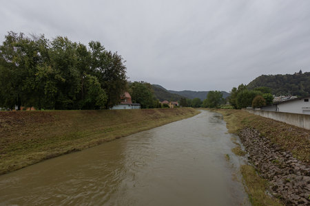 Voglajna river in Celje, viewed from the bridge to Teharje. High water of Voglajna river short before the flow into Savinja.の写真素材