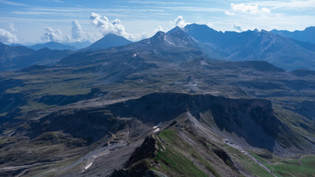 Aerial panorama of hochtor, viewed far from above. Epic view of the tunnel on austrias highest motorable road. Majestic alpine panorama aroubnd Grossglocknerの写真素材