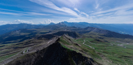 Aerial panorama of hochtor, viewed far from above. Epic view of the tunnel on austrias highest motorable road. Majestic alpine panorama aroubnd Grossglocknerの写真素材