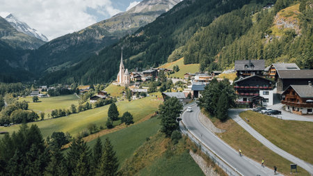 Beautiful village of Heiligenblut in central austria, the base village from Grossglockner alpine region. Beautiful church visible in the centre of the village, summer timeの写真素材