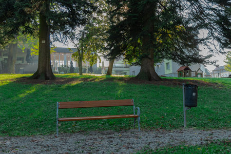Wooden bench and a trash can next to it in the centre of a park in brezice, early morning, hazy feelingの写真素材