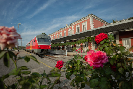 Train station in Pula, croatian coastal town. Beautiful train station with green foliage and red vintage diesel train next to the platformの写真素材