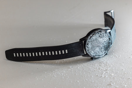 Broken smart watch. Shattered glass on modern smartwatch. Destroyed main dial on contemporary watch, rendering it unusable. Watch fell from height and brokeの写真素材