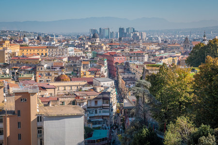 Panoramic view of Napoli downtown just above the funicular station, with visible old and new town in the background. Big city of Naples in italy.の写真素材
