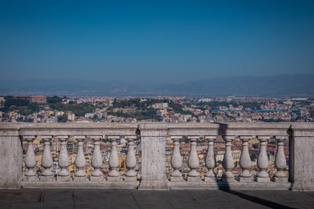 Concrete fence or marble wall overlooking the city of Napoli on a sunny summer or autumn day. Typical marble pillars above the city of Naples at the saint elmo fortress...の写真素材