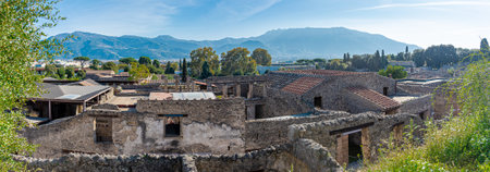 Panorama of ruins at Pompei archeological sites. Visible middle section of the site, looking from above. Sunny autumn day....の写真素材