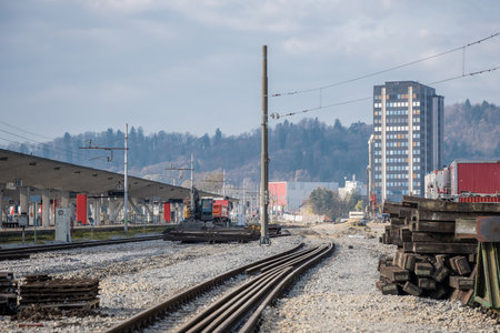 Construction works on ljubljana railway station. As a part of modernisation and renovation of Ljubljana train station works are ongoing. Sunny autumn day..の写真素材