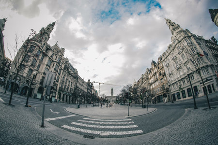 Avenue of Aliados in the city of Porto, Portugal. Beautiful avenue in the city centre, looking towards the city hall.の写真素材