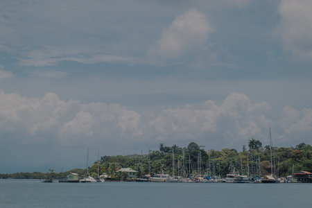 Overview of marina with boats on Bocas del Toro archipelago, view of boats, blue skies and lush green jungle in the background.の写真素材
