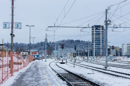 Renovation of train station in Ljubljana, view towards east, with new track scheme and some construction work between the tracksの写真素材