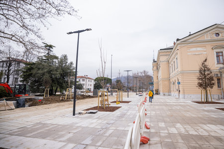 Piazza di unita in front of Nova Gorica train station is being renovated for the upcoming European Culture capital of 2025. Modern platform and square.の写真素材