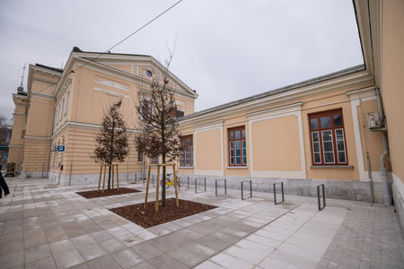 Piazza di unita in front of Nova Gorica train station is being renovated. Modern platform and square.の写真素材