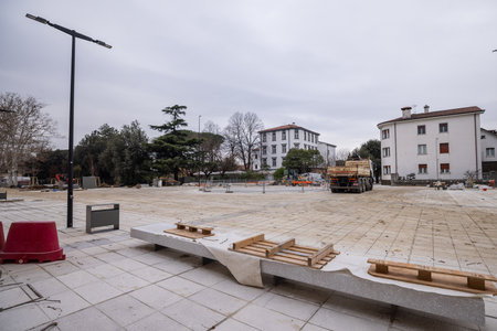 Piazza di unita in front of Nova Gorica train station is being renovated. Modern platform and square.の写真素材