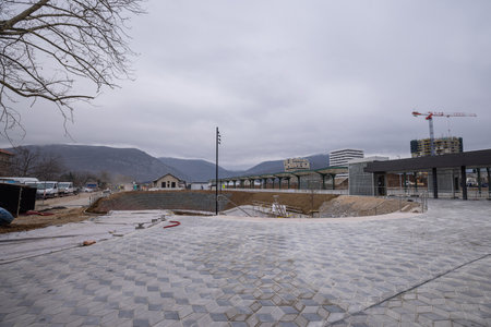 Underpass of train station in Nova Gorica, as part of renovations. View of the stairs toward the underpass under the rails.の写真素材
