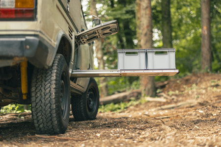 Two plastic euro box on a pull out drawer of a vintage adventure offroad vehicle or motor home,...