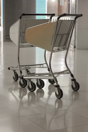 Two airport trolleys on a terminal standing next to each other.の写真素材