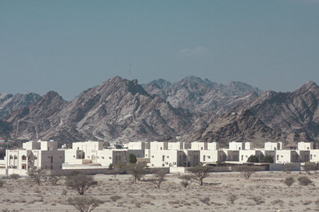Middle class housing or residental houses outside of main cities in the countryside in united arab emirates or similar arab states. Houses in the sand regionの写真素材