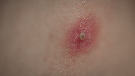 Infected and closed skin glands by staphylococcus. Bulge in skin due to infection, rash, with white top and red surroundの写真素材