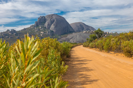 panorama of Paarl mountain nature reserve above the city of Paarl in South Africa. Cloudy day with visible lake and fynbos vegetation dominated by massive rounded granite rock formationsの写真素材