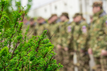 A green bush with dew-covered leaves in sharp focus foreground, while blurred soldiers in camouflage...