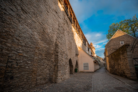 A quiet cobblestone street in Tallinn runs alongside an ancient stone wall with a wooden walkway, bathed in warm sunlight. Pastel buildings and a clear blue sky enhance the historic charm of this serene old-town scene.の写真素材