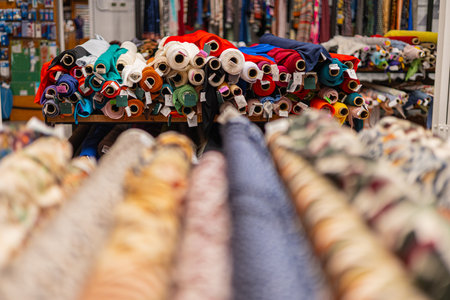 A vibrant fabric store aisle filled with colorful rolls of cloth stacked on shelves. Bright reds, blues, greens, and whites dominate, with tags visible. The foreground is slightly blurred, focusing on the dense array of textiles.の写真素材